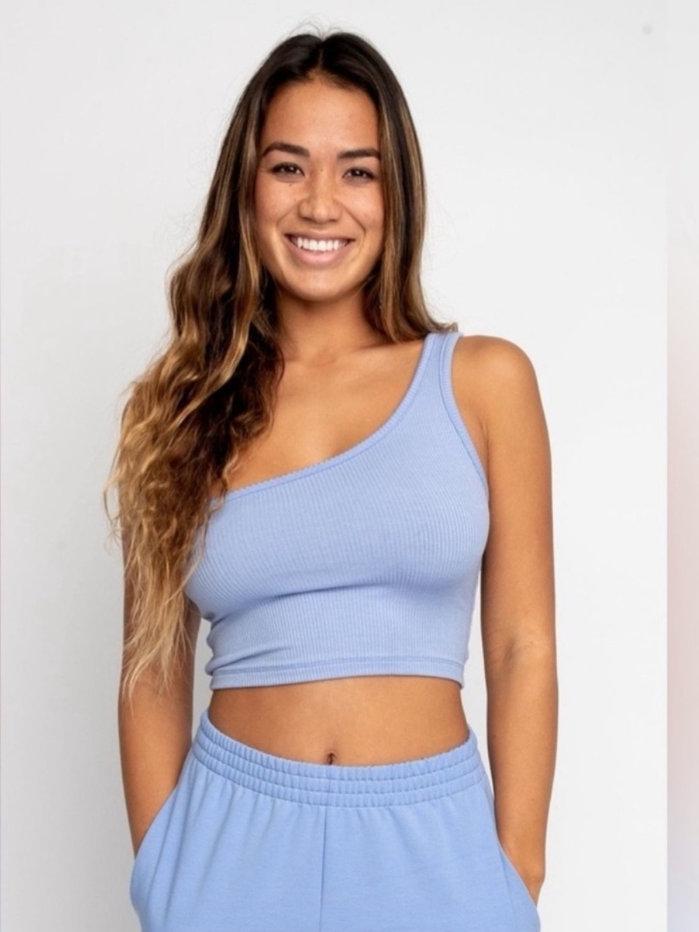 Skatie One-Shoulder Ribbed Crop Top in Light Periwinkle
